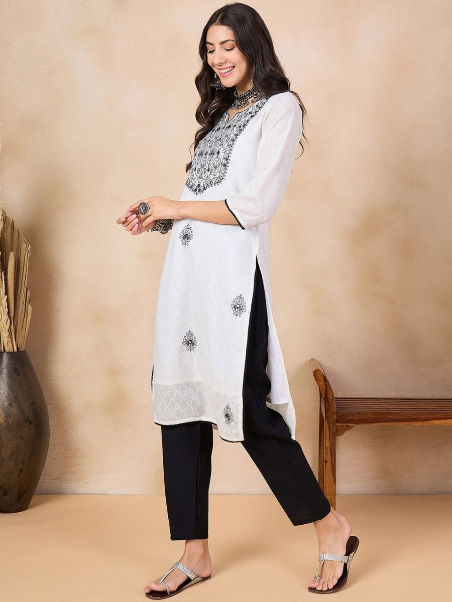 Anouk White Ethnic Motifs Embroidered Mirror Work Detailed Pure Cotton Straight Kurta