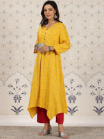 Thumbnail for Ode by House of Pataudi Ethnic Motifs Printed V-Neck Asymmetric A-Line Kurta - Distacart