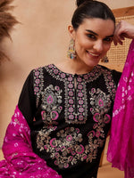 Thumbnail for Anouk Floral Embroidered Regular Thread Work Pure Silk Kurta with Palazzos & Dupatta