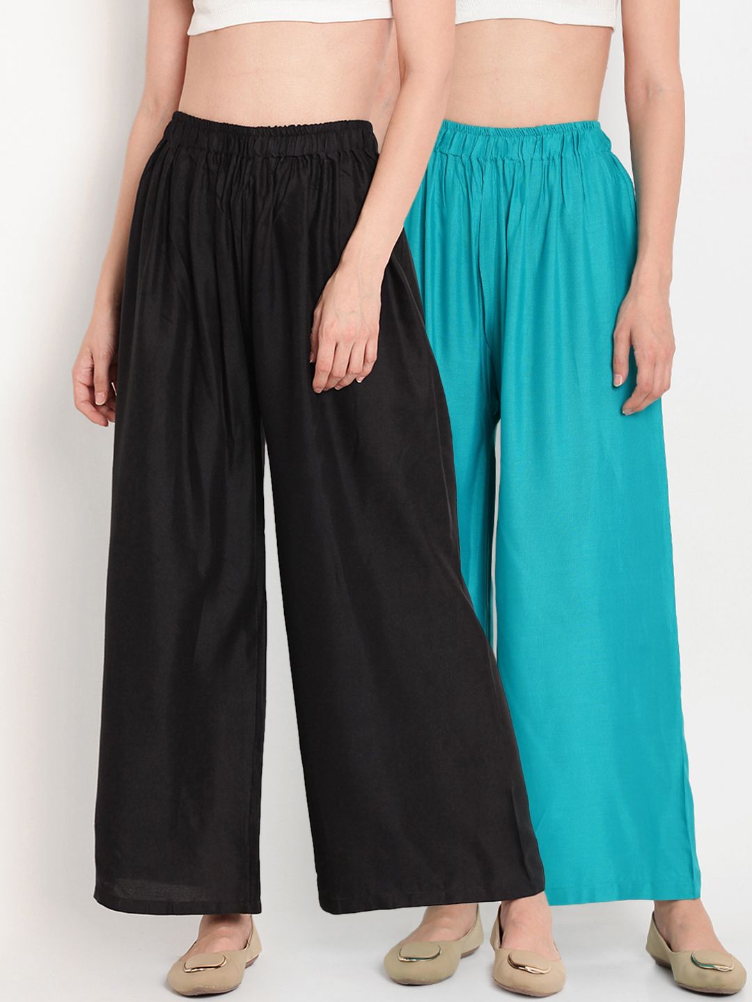 TAG 7 Women Pack Of 2 Black & Teal Blue Solid Flared Palazzos - Distacart
