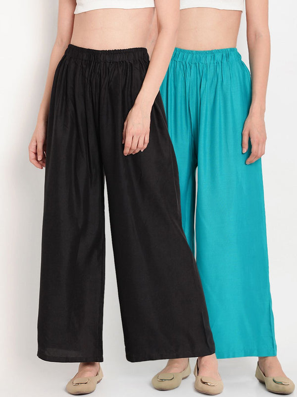 TAG 7 Women Pack Of 2 Black & Teal Blue Solid Flared Palazzos