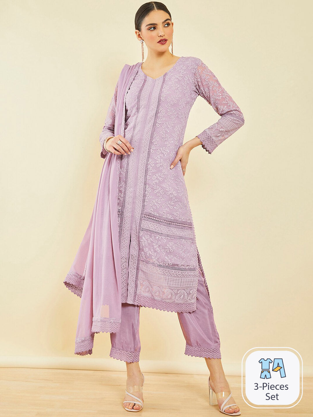 Soch Floral Embroidered Regular Thread Work Kurta with Trousers & With Dupatta - Distacart