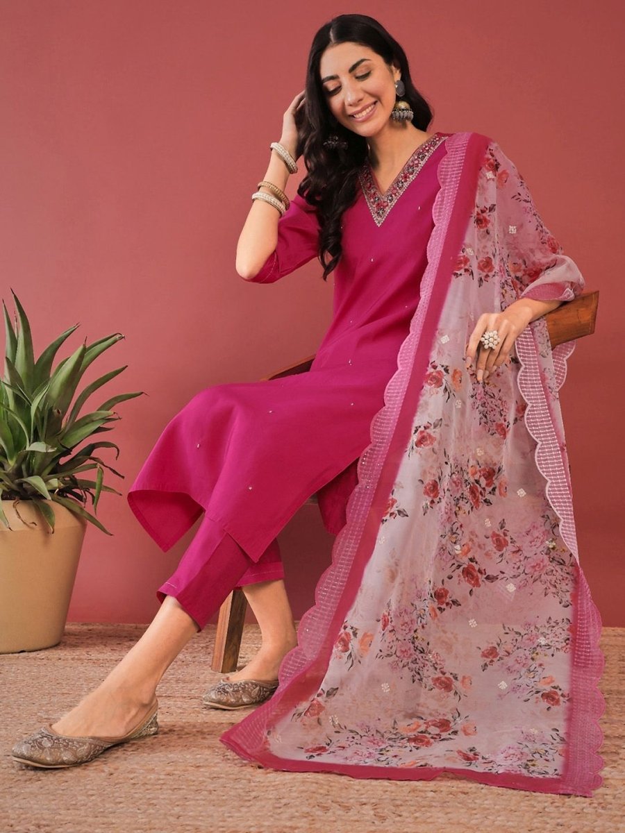 Anouk Pink Ethnic Motifs Yoke Design Thread Work Straight Kurta With Trousers & Dupatta - Distacart