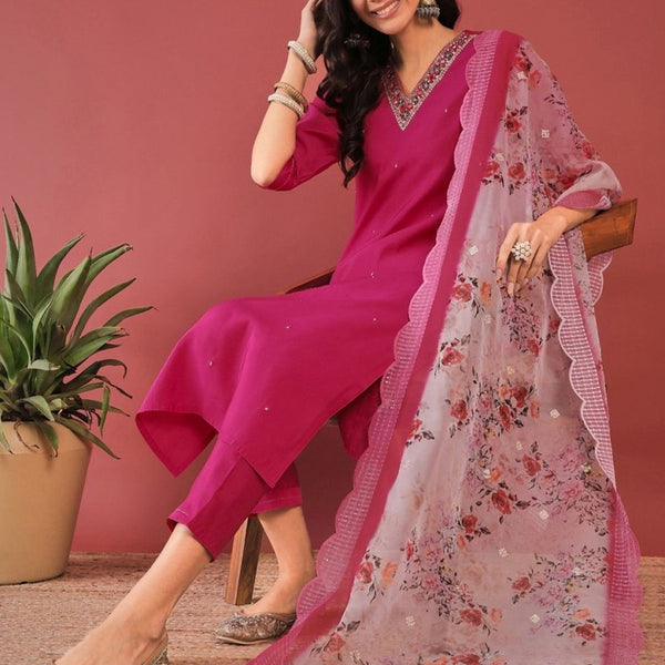 Anouk Pink Ethnic Motifs Yoke Design Thread Work Straight Kurta With Trousers & Dupatta - Distacart