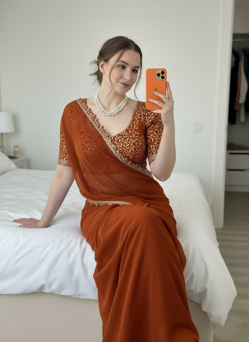 Teeya Creation Womens New Trendy Party Wear Wedding Collection Silk Saree-Orange - Dista