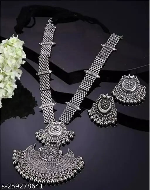 Tehzeeb Creations Women's Bahubali Oxidised Necklace Set With White Pearl - Distacart