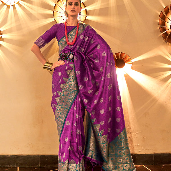 Monjolika Fashion Purple Color Handloom Silk Classic Saree With Blouse - Distacart
