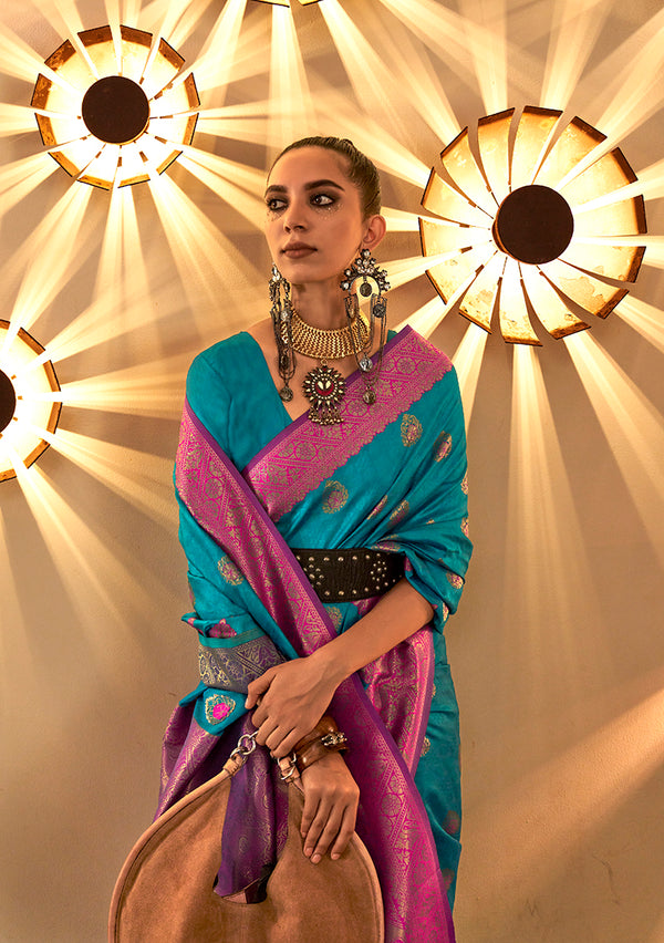 Monjolika Fashion Blue Color Handloom Silk Classic Saree With Blouse