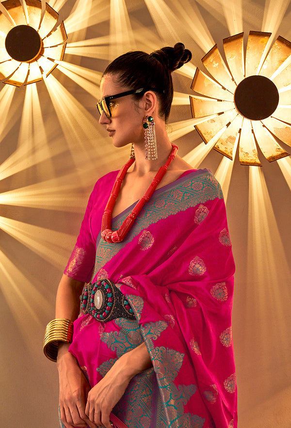 Monjolika Fashion Rani Pink Color Handloom Silk Classic Saree With Blouse