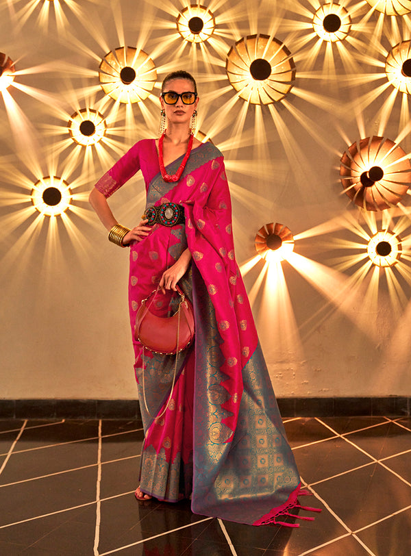 Monjolika Fashion Rani Pink Color Handloom Silk Classic Saree With Blouse