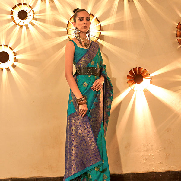 Monjolika Fashion Turquoise Color Handloom Silk Classic Saree With Blouse - Distacart