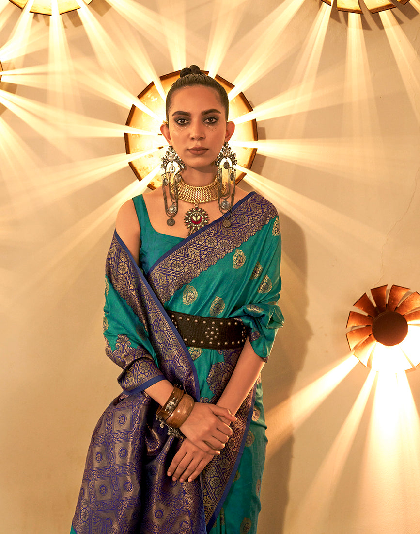 Monjolika Fashion Turquoise Color Handloom Silk Classic Saree With Blouse