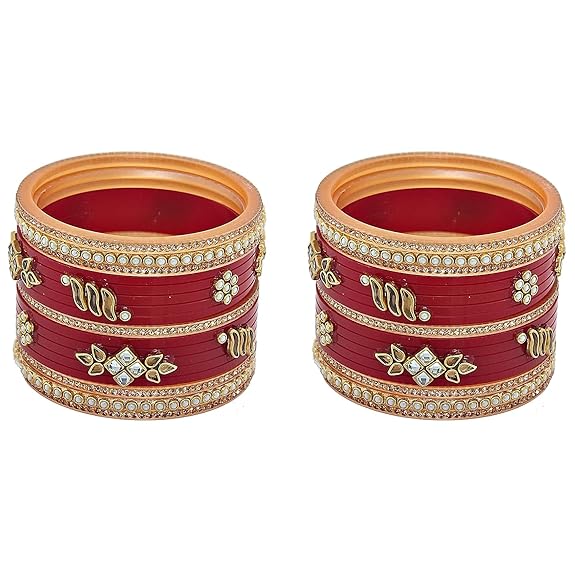 Tehzeeb Creations Bridal Bangle set Wedding punjabi chuda Designer chura Kundan Stone with Pearl Maroon Color choora