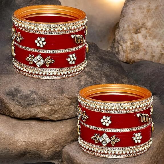 Tehzeeb Creations Bridal Bangle set Wedding punjabi chuda Designer chura Kundan Stone with Pearl Maroon Color choora