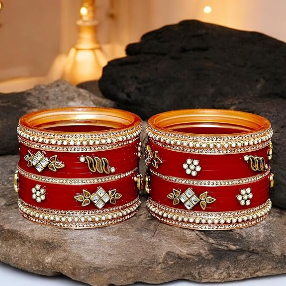 Tehzeeb Creations Bridal Bangle set Wedding punjabi chuda Designer chura Kundan Stone with Pearl Maroon Color choora - Distacart