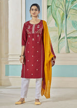 Thumbnail for Jyoti Fashion Women's Maroon Pure Viscose Weaving Stripe with Embroidery Kurta Set - Distacart