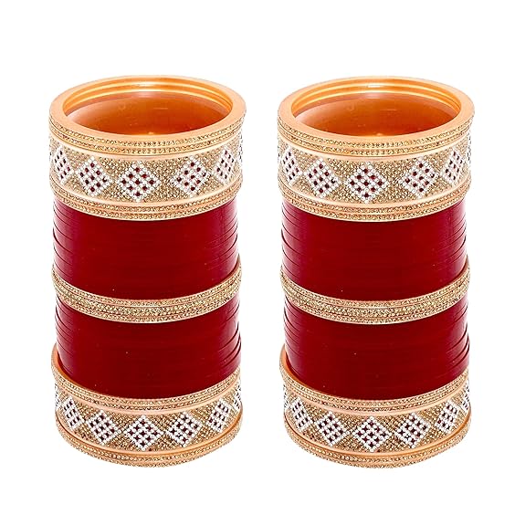 Tehzeeb Creations Bridal Bangle Set Wedding Punjabi Chuda Designer Chura CZ Stone Maroon Color Choora For Women - Distacart