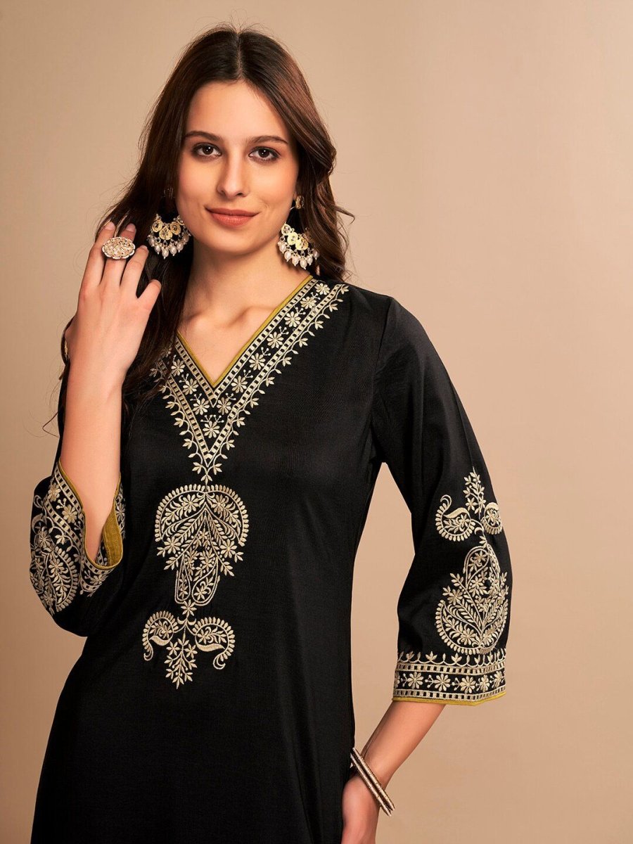 Anouk Black Embroidered Regular Thread Work Straight Kurta with Trousers - Distacart