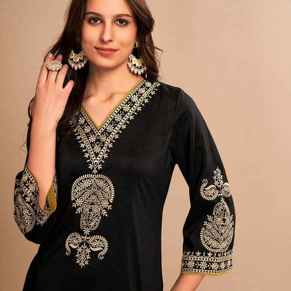 Anouk Black Embroidered Regular Thread Work Straight Kurta with Trousers - Distacart