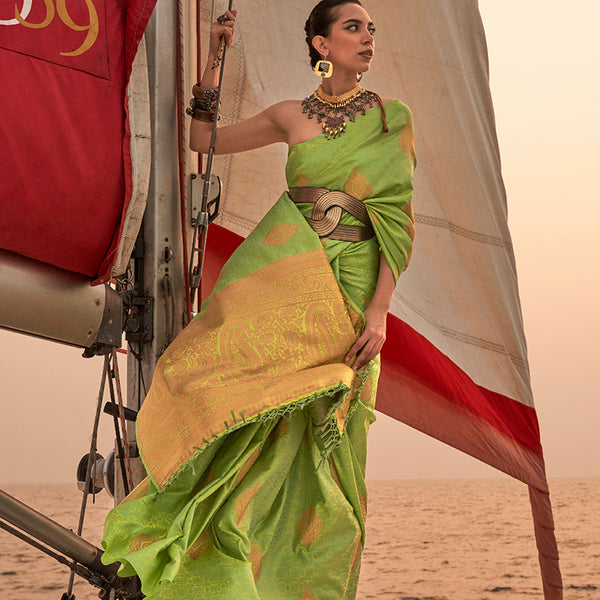 Monjolika Fashion Parrot Green Color Satin Pastel Handloom Weaving Saree - Distacart