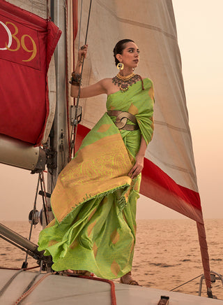 Monjolika Fashion Parrot Green Color Satin Pastel Handloom Weaving Saree