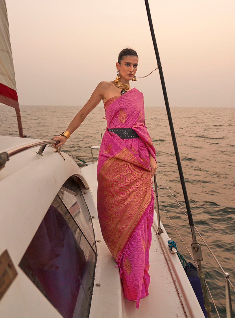 Monjolika Fashion Pink Color Satin Pastel Handloom Weaving Saree