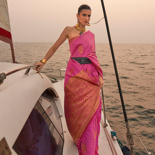 Monjolika Fashion Pink Color Satin Pastel Handloom Weaving Saree - Distacart