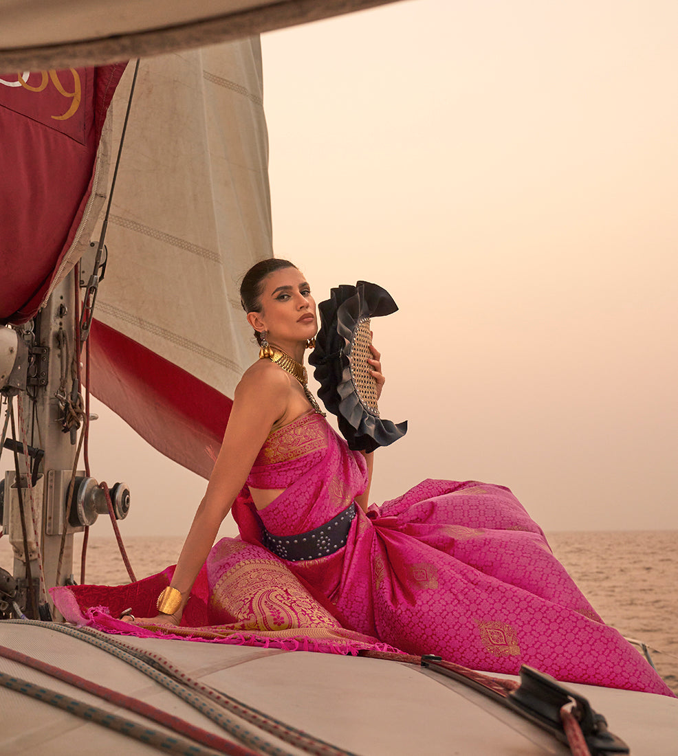 Monjolika Fashion Pink Color Satin Pastel Handloom Weaving Saree