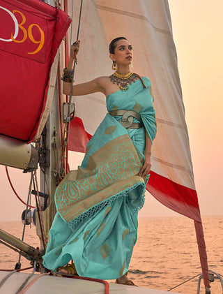 Monjolika Fashion Sky Blue Color Satin Pastel Handloom Weaving Saree