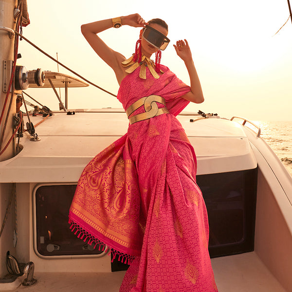 Monjolika Fashion Rani Pink Color Satin Pastel Handloom Weaving Saree - Distacart
