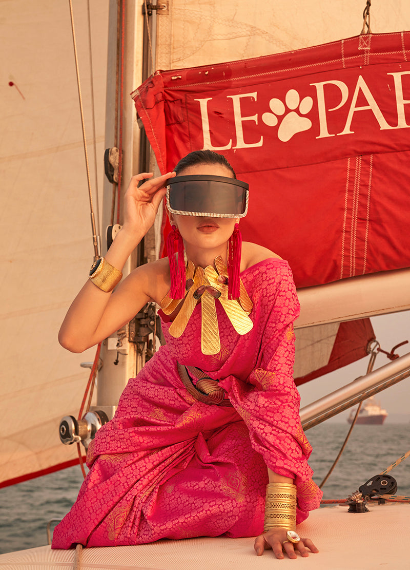 Monjolika Fashion Rani Pink Color Satin Pastel Handloom Weaving Saree