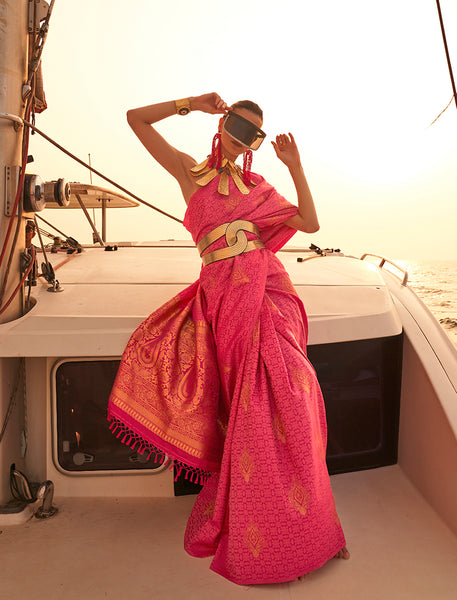 Monjolika Fashion Rani Pink Color Satin Pastel Handloom Weaving Saree