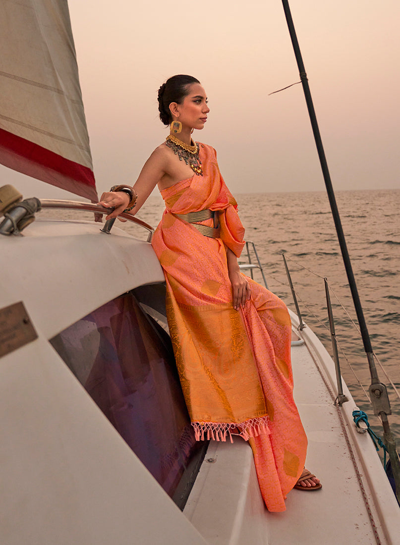 Monjolika Fashion Peach Color Satin Pastel Handloom Weaving Saree