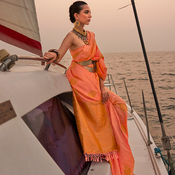 Monjolika Fashion Peach Color Satin Pastel Handloom Weaving Saree - Distacart