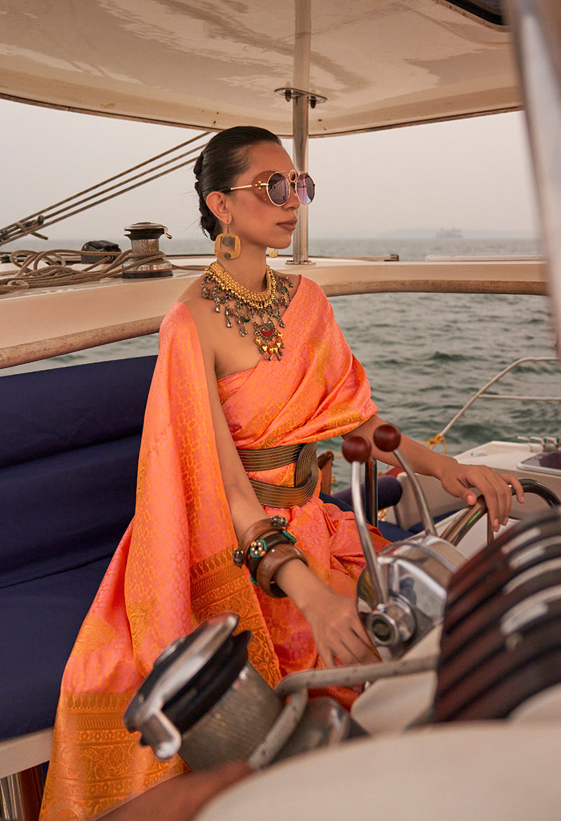 Monjolika Fashion Peach Color Satin Pastel Handloom Weaving Saree