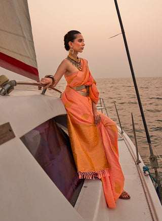 Monjolika Fashion Peach Color Satin Pastel Handloom Weaving Saree