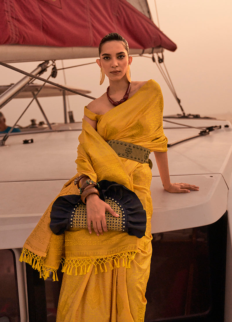 Monjolika Fashion Yellow Color Satin Pastel Handloom Weaving Saree