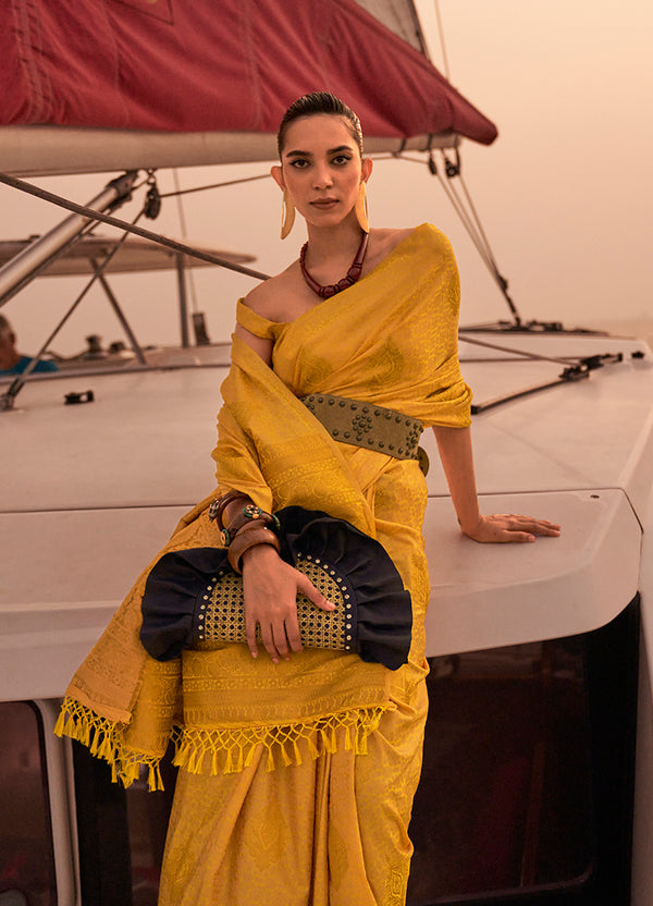 Monjolika Fashion Yellow Color Satin Pastel Handloom Weaving Saree