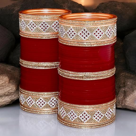 Tehzeeb Creations Bridal Bangle Set Wedding Punjabi Chuda Designer Chura CZ Stone Maroon Color Choora For Women - Distacart