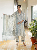 Thumbnail for Kalini Floral Yoke Design Empire V-Neck Mirror Work Cotton Kurta with Patiala & Dupatta - Distacart