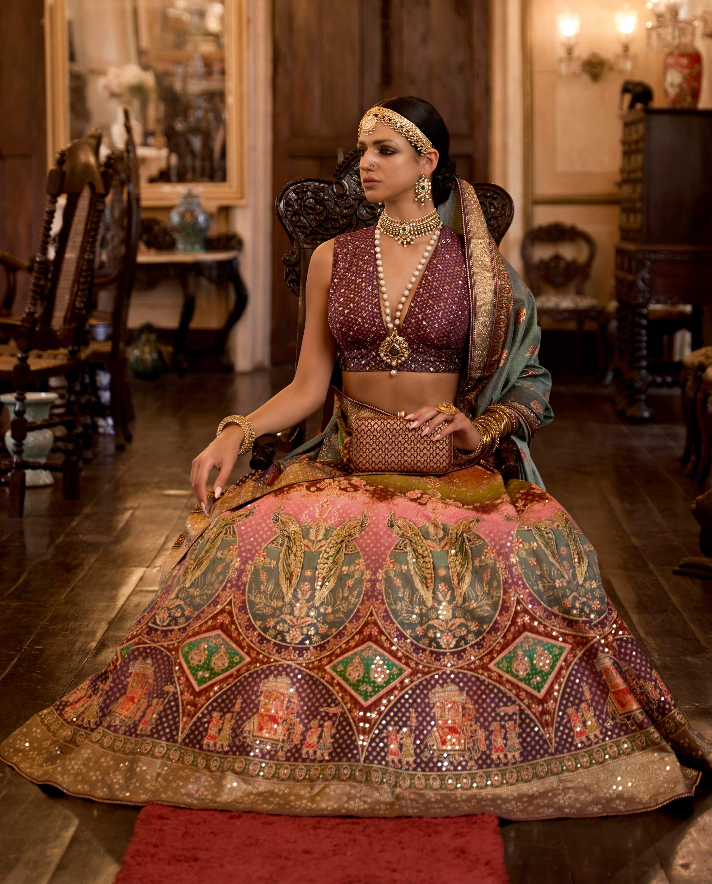 Monjolika Fashion Sequins Wine Colour Rajwadi Silk Readymade Lehenga Choli