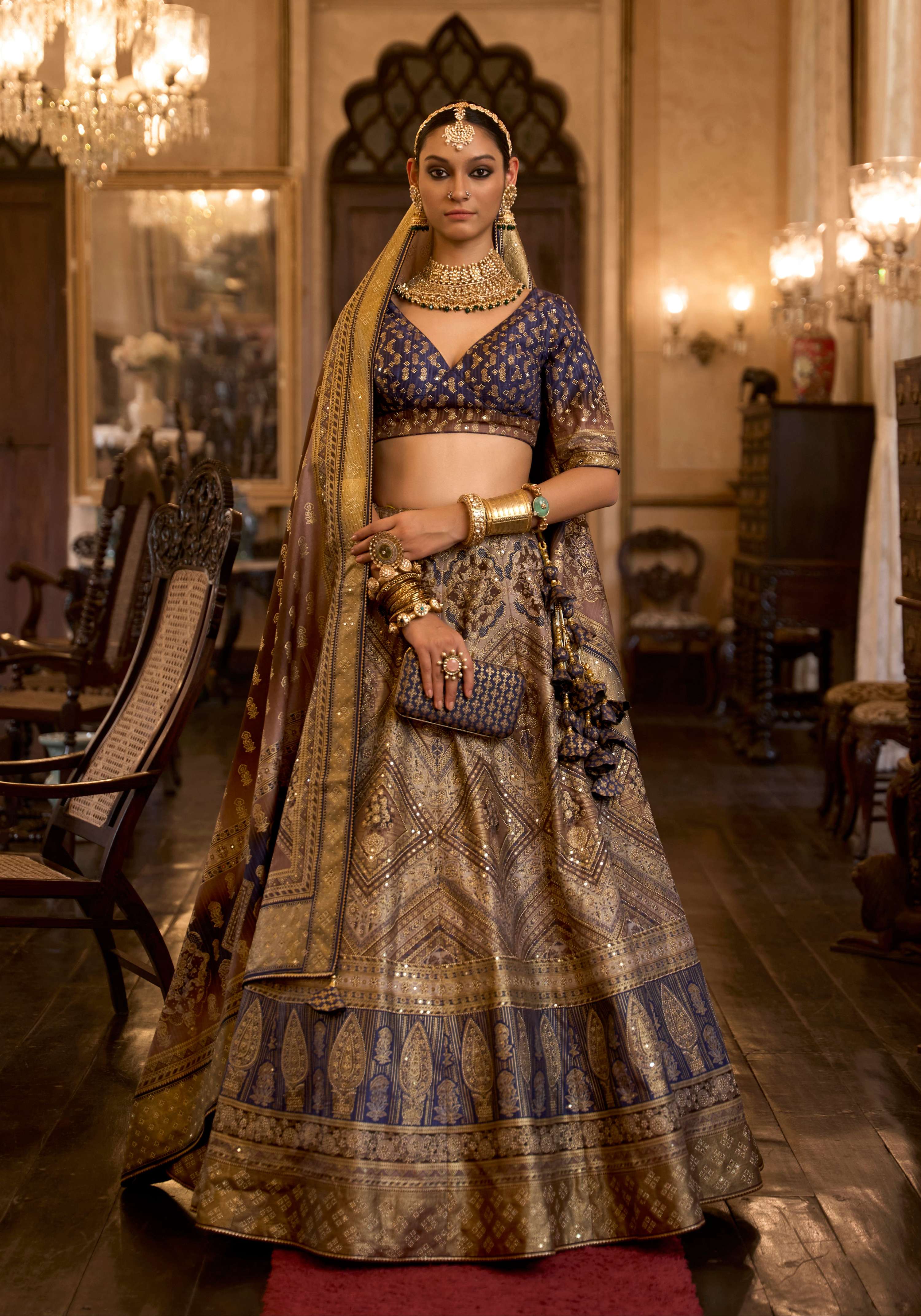 Monjolika Fashion Sequins Navy Blue Colour Rajwadi Silk Readymade Lehenga Choli