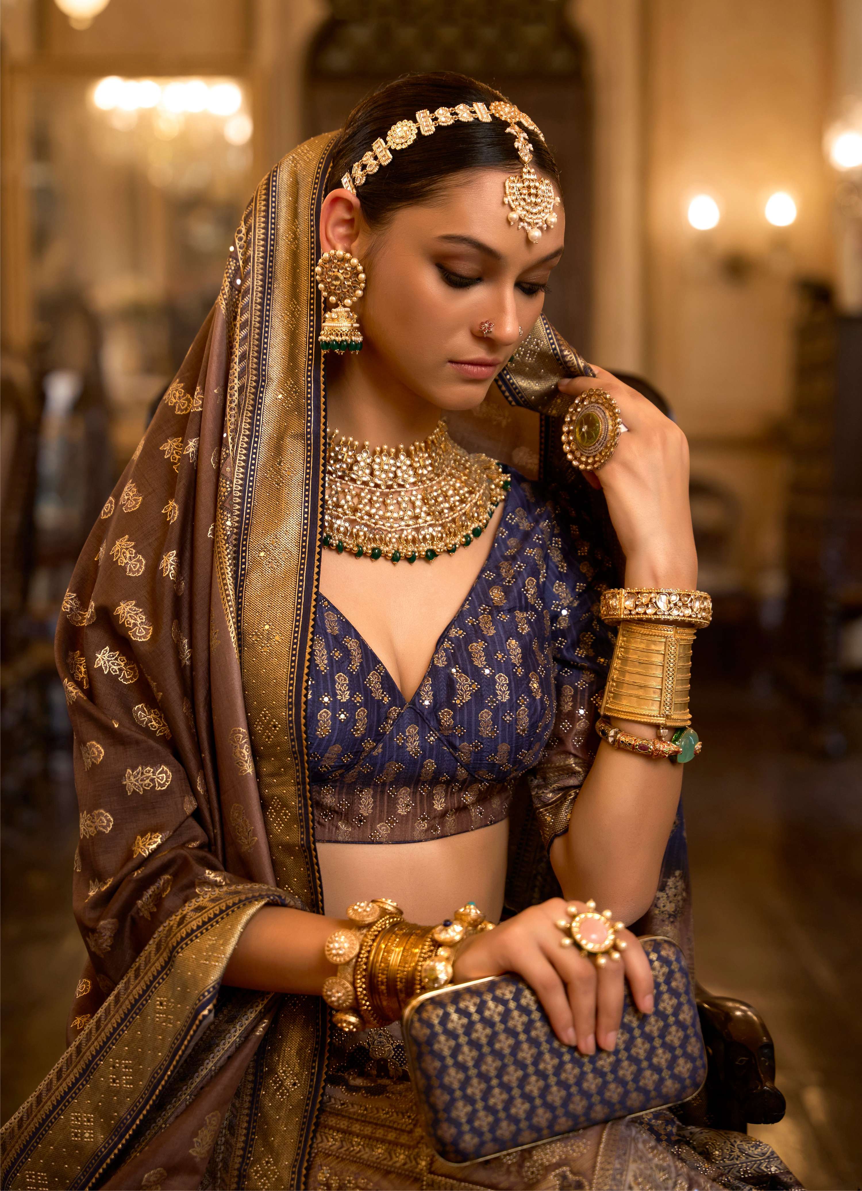 Monjolika Fashion Sequins Navy Blue Colour Rajwadi Silk Readymade Lehenga Choli