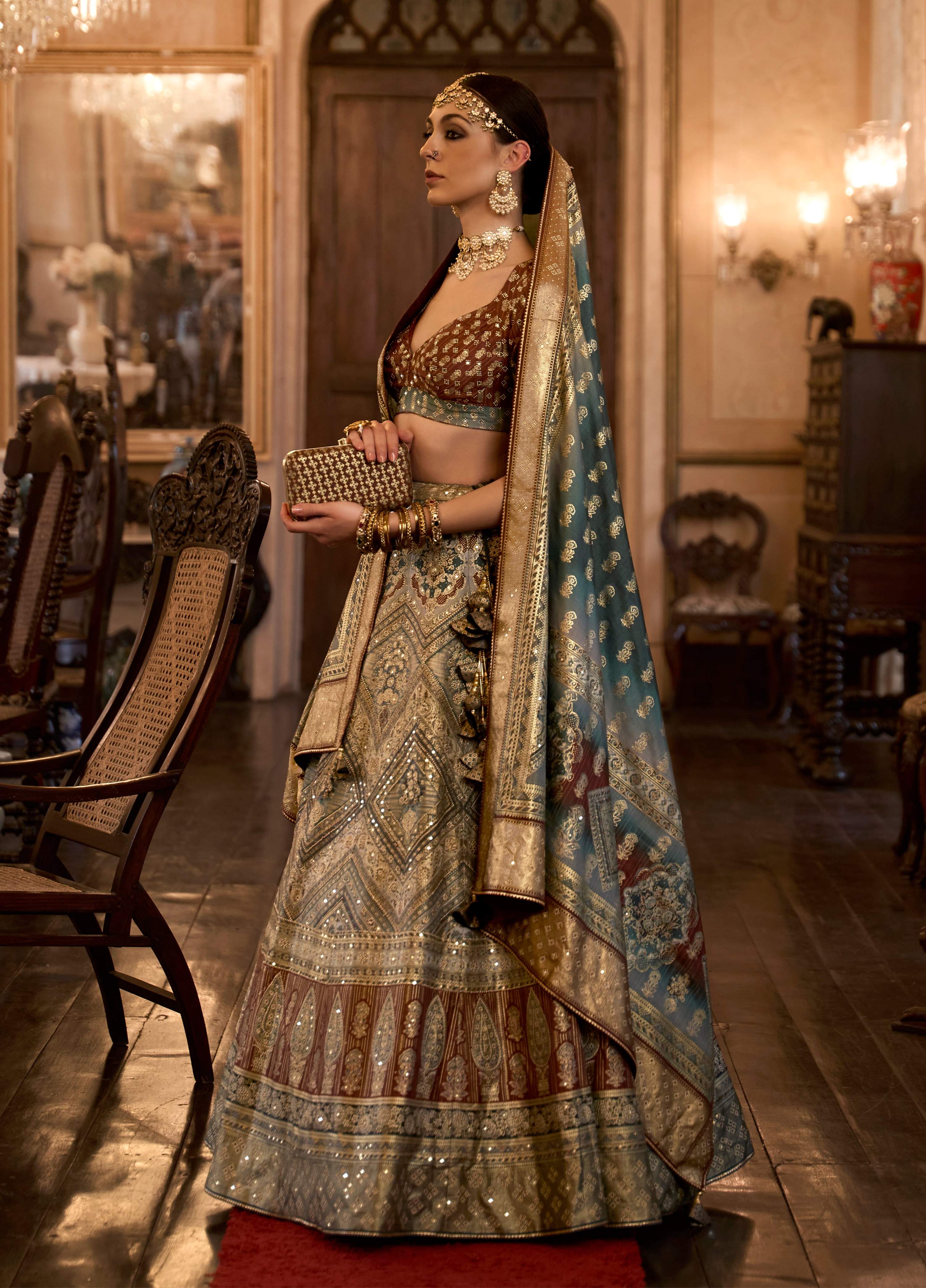 Monjolika Fashion Sequins Beige Colour Rajwadi Silk Readymade Lehenga Choli