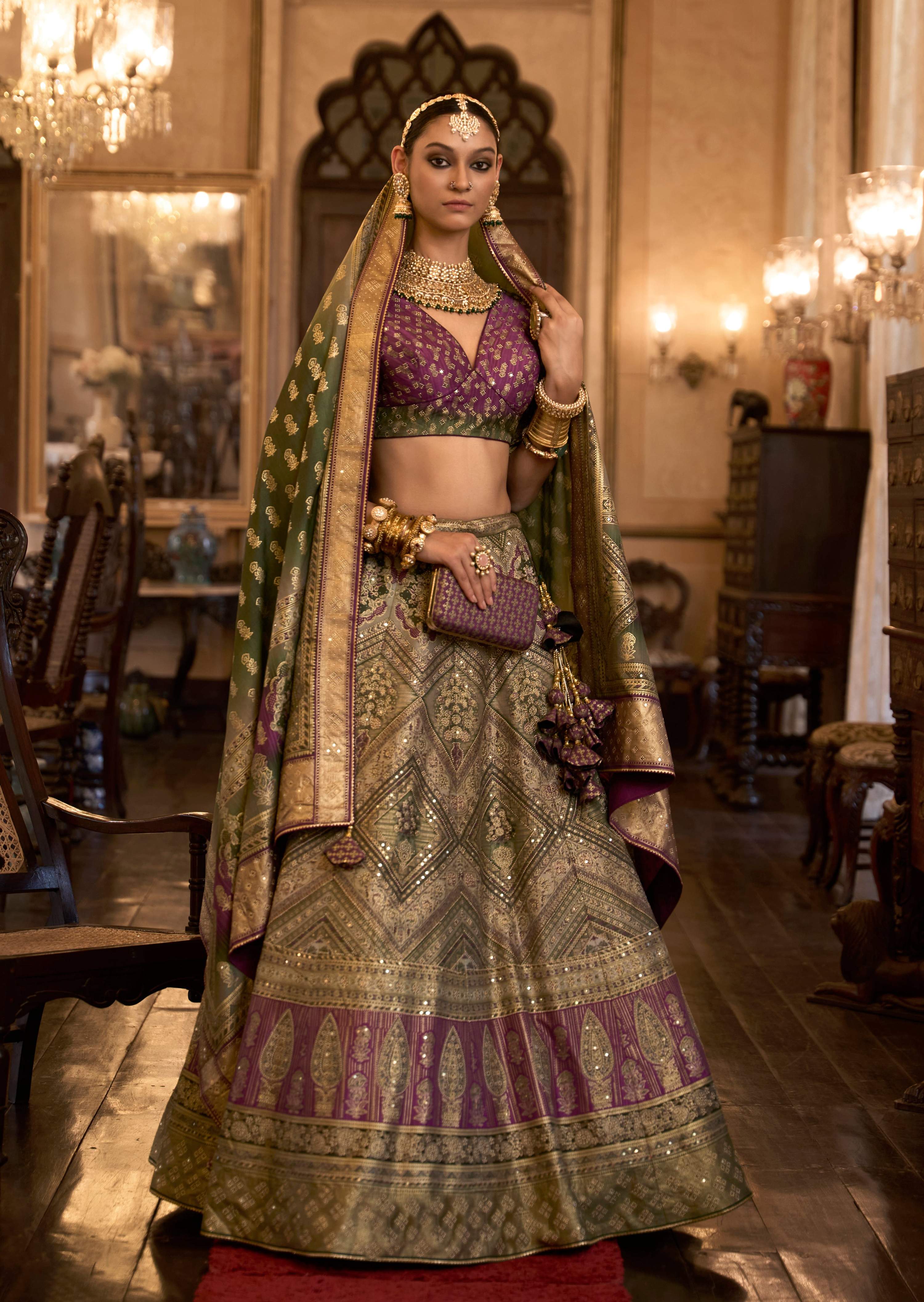 Monjolika Fashion Sequins Green Colour Rajwadi Silk Readymade Lehenga Choli