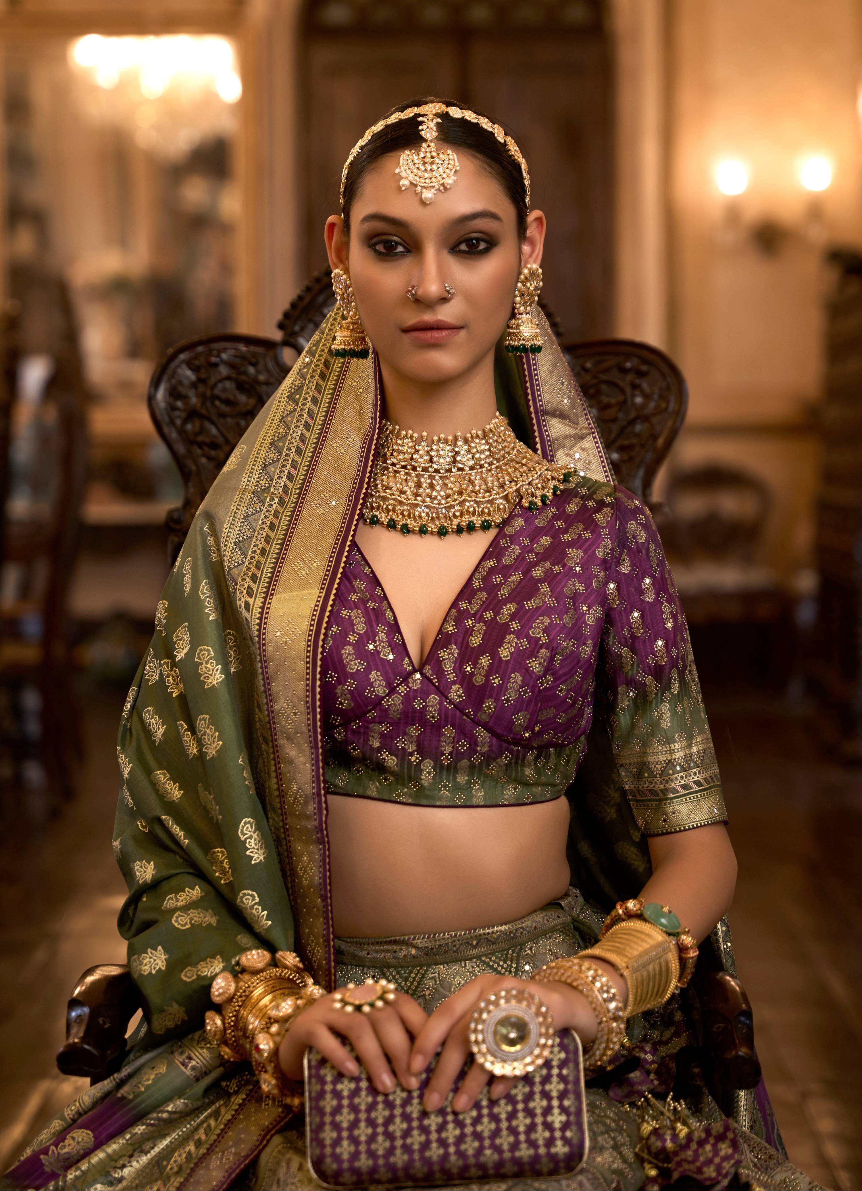 Monjolika Fashion Sequins Green Colour Rajwadi Silk Readymade Lehenga Choli