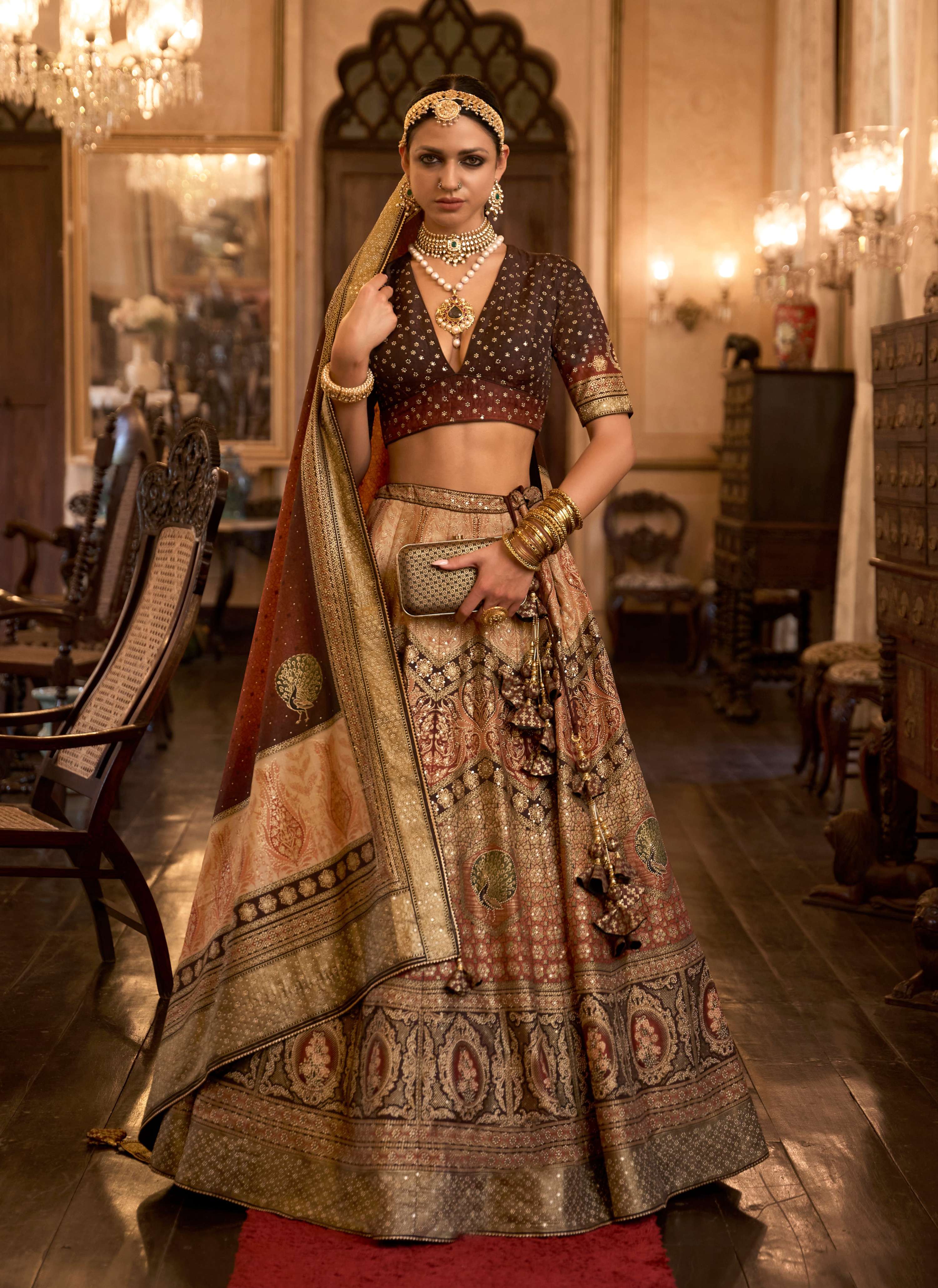 Monjolika Fashion Sequins Peach Colour Rajwadi Silk Readymade Lehenga Choli