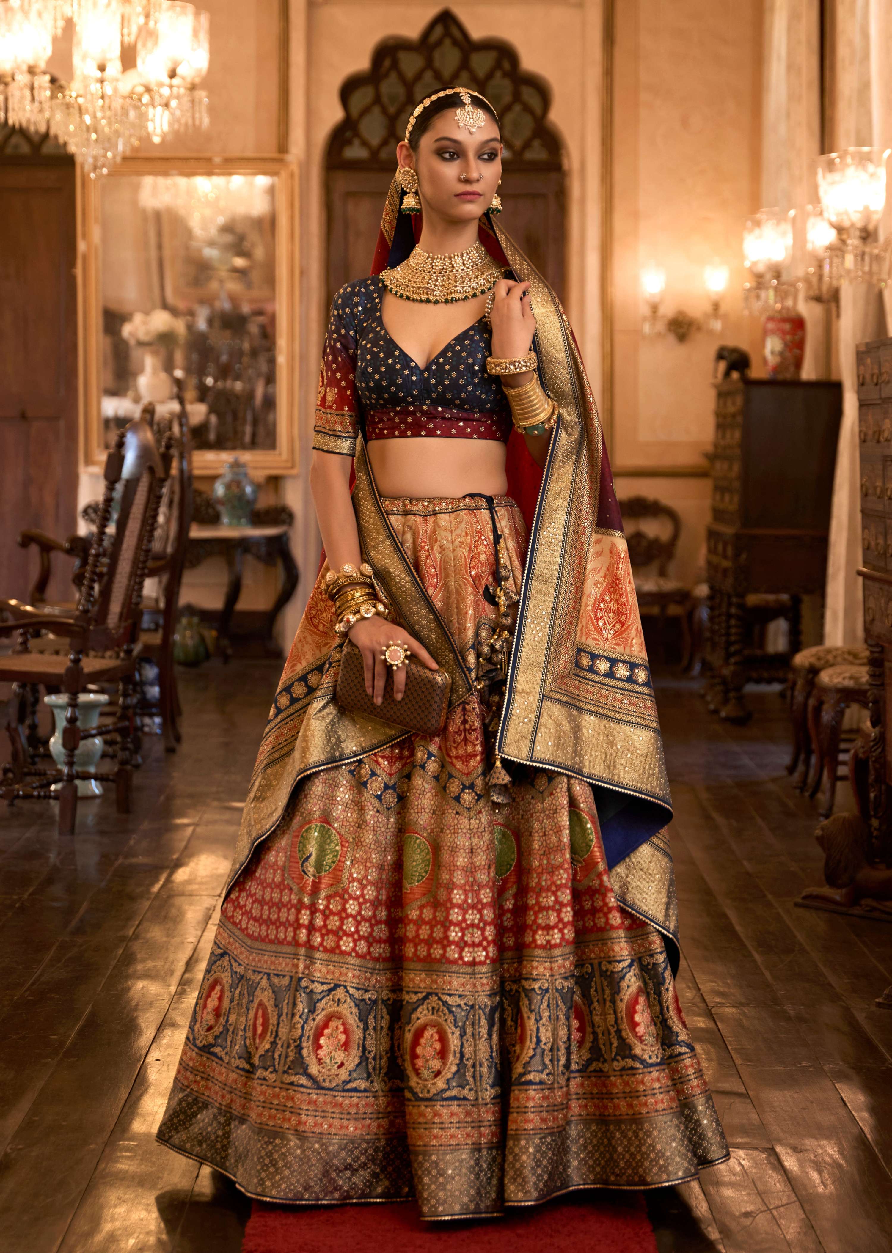 Monjolika Fashion Sequins Red Colour Rajwadi Silk Readymade Lehenga Choli