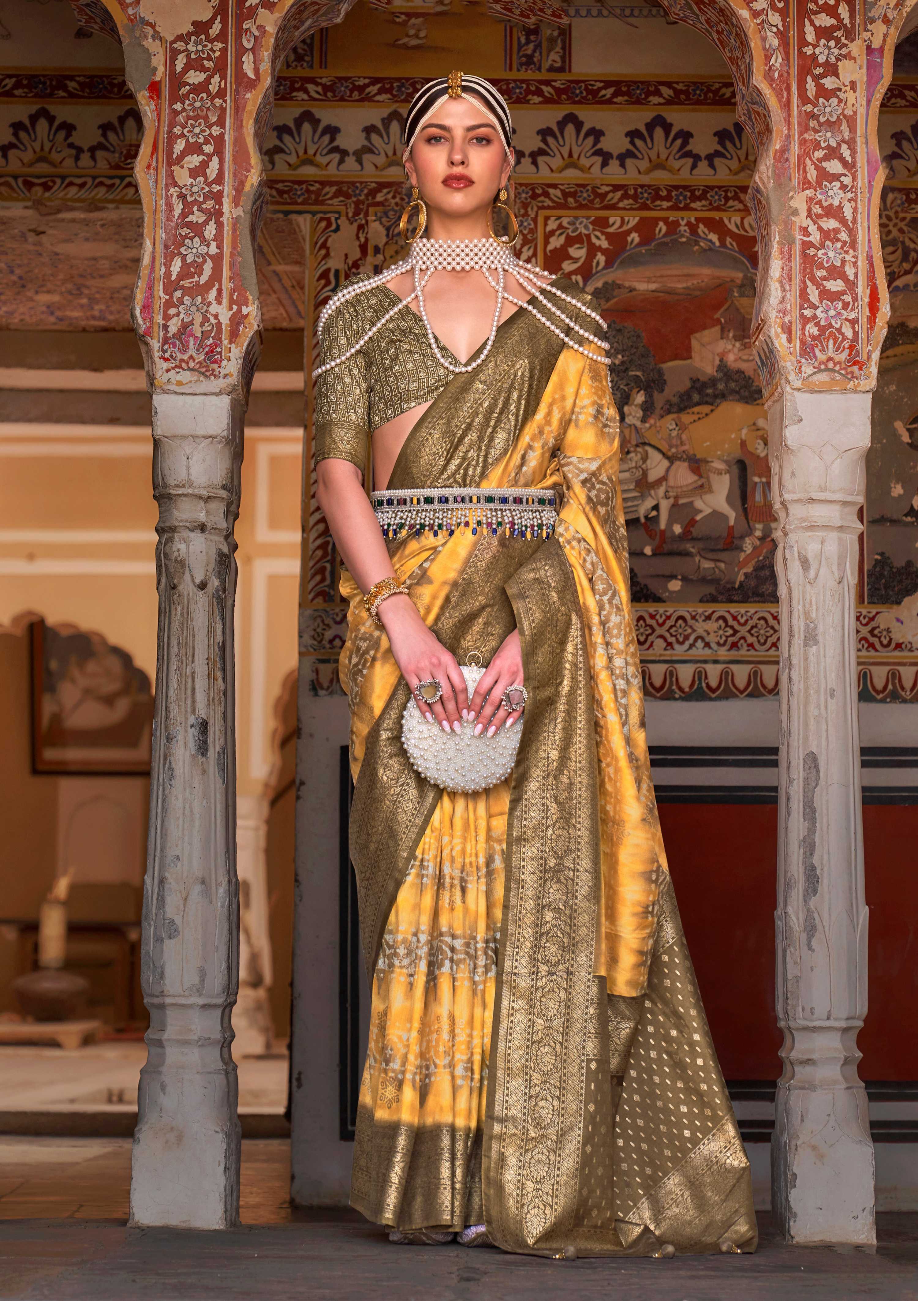 Monjolika Fashion Yellow Color Silk Ajarak Design Traditional Saree