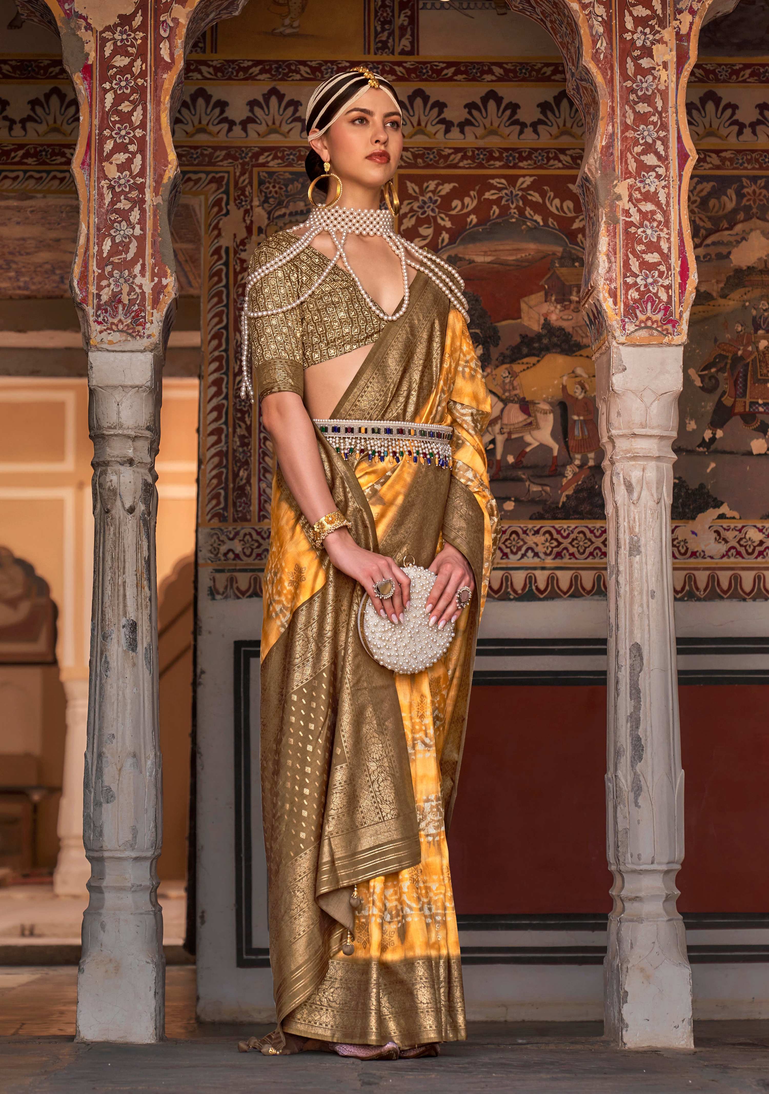 Monjolika Fashion Yellow Color Silk Ajarak Design Traditional Saree